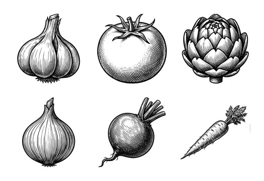 Set of hand drawn vegetable illustrations in vintage woodcut and engraving style featuring root crops and produce