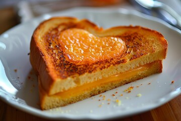 Toasted bread with heart shaped cut out filled with melted cheese creating delicious grilled cheese sandwich