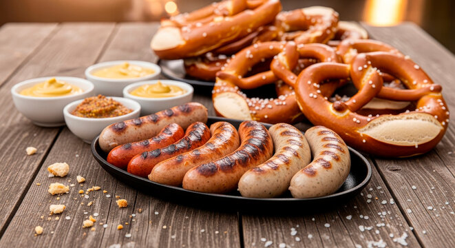 Traditional German grilled sausages and pretzels served with mustard.