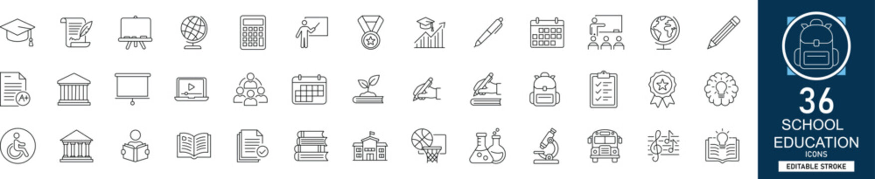 School education line icon set with 36 icons school, education, learning, student, teacher, classroom, study, university. Clean linear vector, editable stroke for academic projects.