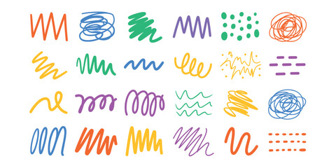 Fototapeta premium Colorful scribbles and squiggles on white background hand drawn