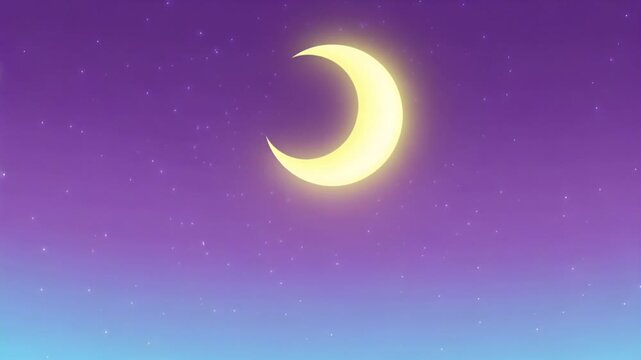 Glowing crescent moon shining in a magical starry night sky with a purple and blue gradient background for a peaceful bedtime concept
