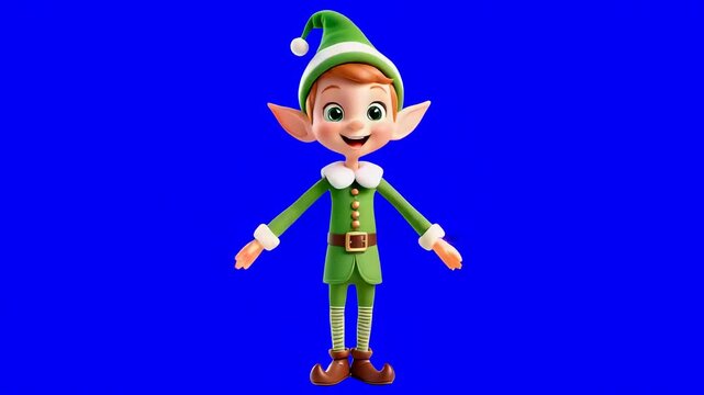 Animated elf character in green attire dances happily with arms raised, expressing joy and enthusiasm against a vibrant blue backdrop