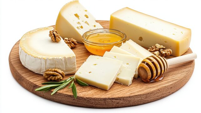 Assorted artisanal cheese platter with honey, walnuts, honey dipper, fresh rosemary, and cheese slices on a wooden board perfect for appetizer or snack