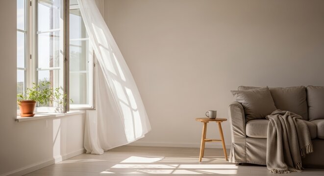 Open window with white curtain blowing, sunlight streaming into a cozy living room with a couch. Relaxing home interior concept.
