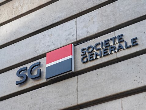 Paris,France-Oct.5th 2025: Soci&eacute;t&eacute; G&eacute;n&eacute;rale bank logo close up