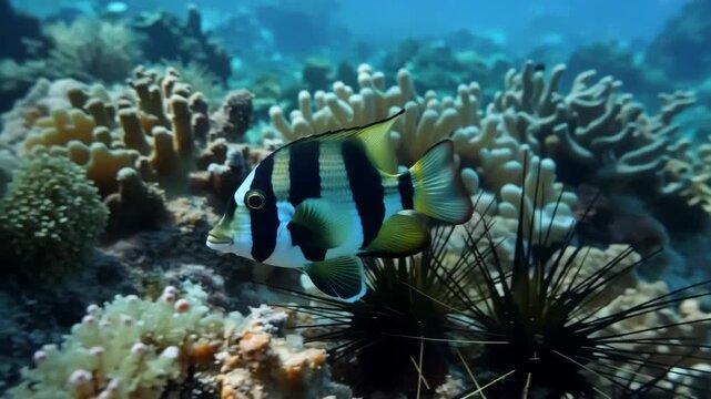 Swimming striped fish amidst vibrant coral reef ecosystem abundant marine life and diverse aquatic plants
