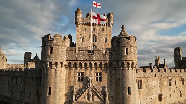 Majestic medieval castle exterior with towers and flags in sunlight.