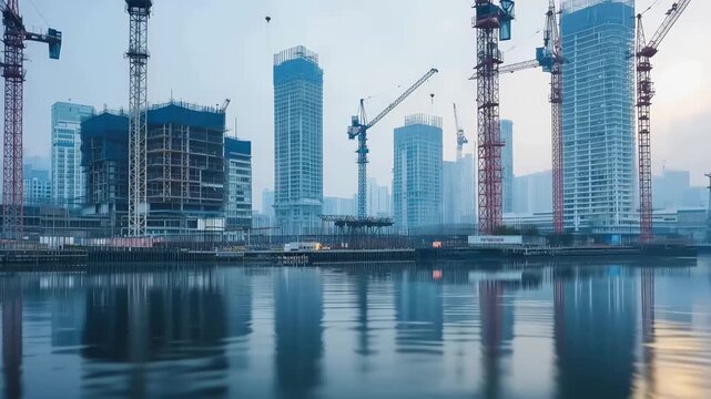 Urban Transformation: A serene cityscape unfolds, revealing a vibrant construction site. Towering cranes punctuate the skyline, with gleaming skyscrapers and their reflections shimmering on the water.