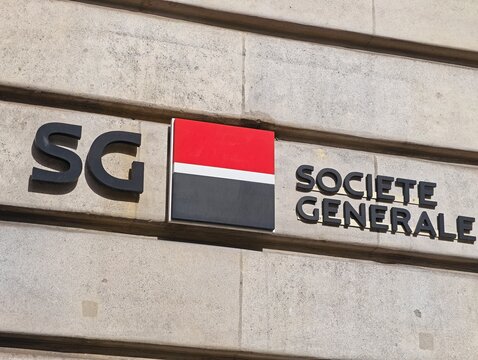 Paris,France-Oct.5th 2025: Soci&eacute;t&eacute; G&eacute;n&eacute;rale bank brand logo close up