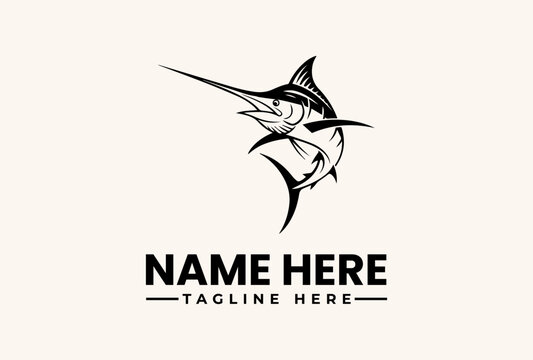 A black and white illustration of a marlin fish logo with a placeholder name and tagline on a light beige background.