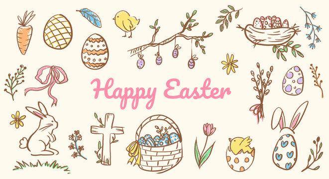 Happy Easter vector set, hand drawn doodle illustrations of chicks, eggs, bunnie and spring flowers. Cute holiday elements isolated on light background for greeting cards and others.