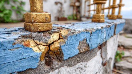 Cracked stone wall adorned with golden fixtures, a blend of history and artistry under the bright sky near a serene outdoor setting