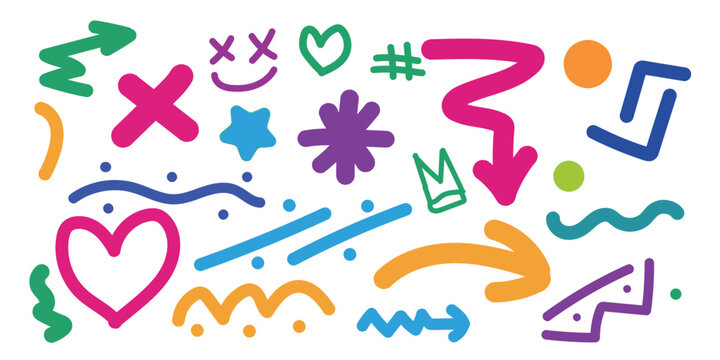 Hand drawn Colorful doodle symbols and shapes pack set