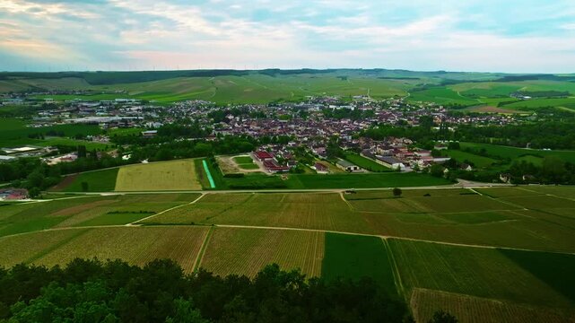 Aerial view of the famous French small town of Chablis, where grapes are grown and famous wine is made. Burgundy Region, France
