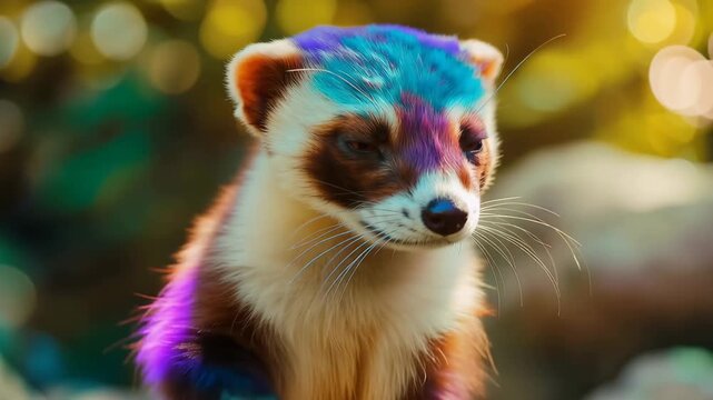 Artistic Weasel Portrait: A vibrantly colored weasel gazes serenely, its fur an artwork of brilliant hues blending with natural surroundings.