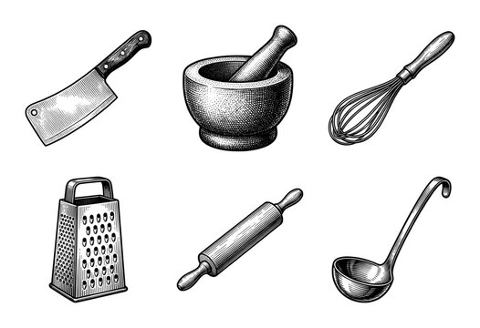 Set of vintage engraved kitchen utensils featuring a cleaver mortar whisk grater rolling pin and ladle