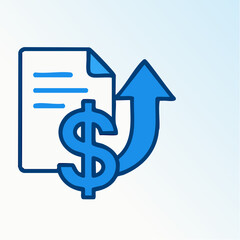 Obraz premium Clean flat vector illustration showing IRS tax refund growth with dollar symbol, upward arrow and document icon on blue corporate background with copy space. 