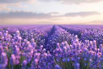 Fototapeta premium Lavender flowers blooming in rows in a field at sunset, creating a picturesque landscape