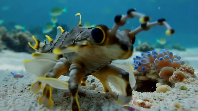 Underwater close up of a bristlecone filefish with yellow accents amidst coral reef ecosystem and blue ocean waters