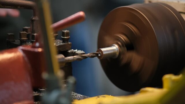 A close-up of a metalworking machine with a drill biting into a metal piece