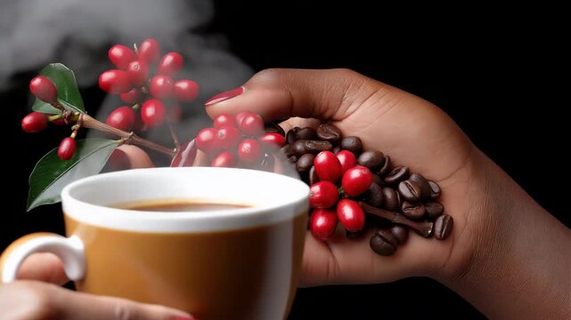 Hand holding coffee beans and cup with steaming hot coffee
