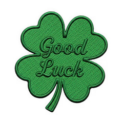 Green embroidered shamrock with Good Luck text isolated on a transparent background