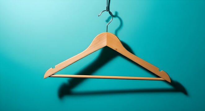 Percha de ropa, percha de madera sobre fondo rojo en un estilo minimalista.Concepto de venta y compras.
 Lugar para texto.
