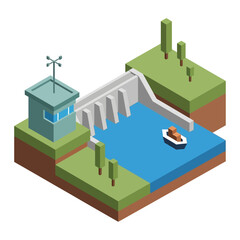 Isometric illustration of a hydroelectric dam with a boat in the reservoir.