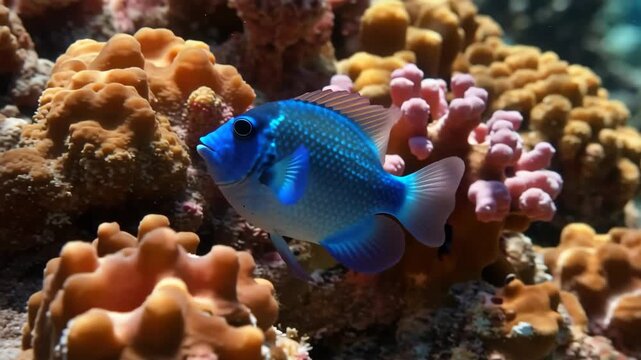Vibrant blue chromis fish swimming among colorful coral reef ecosystem in tropical waters aquarium environment