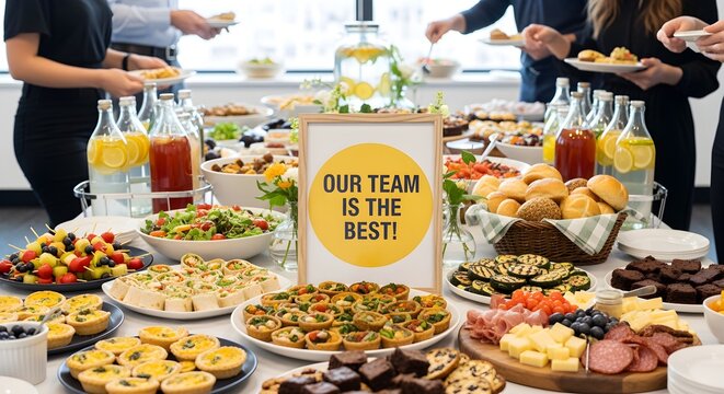 A catered office lunch with a sign that says 'Our Team is the Best!'"