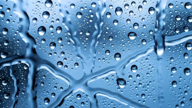 Water droplets on blue surface with condensation and moisture