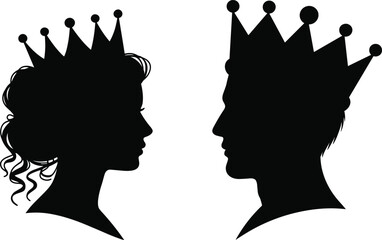 Black, silhouettes, of, a, king, and, queen, wearing, royal, crowns, in, profile, for, monarchy, luxury, and, majestic, designs © Jonab