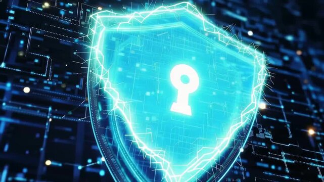 Digital Shield: A luminous, digitized shield, prominently displays a keyhole symbol, representing robust protection in the cyber realm.