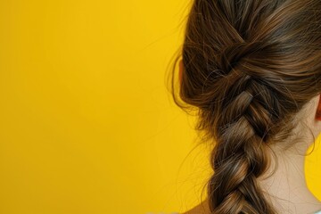 Fototapeta premium Back view of a woman showing her braid on a yellow background, representing hairdressing and beauty