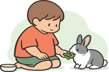 Nearby child kneels on the floor feeding a pet rabbit leafy greens, small bowl nearby, rabbit alert, gentle indoor light around.