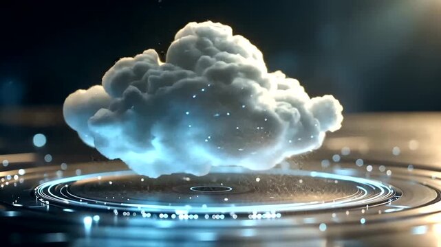 Cloud hovers above glowing blue circuit board in dark room  (154)