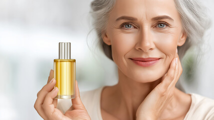 Fototapeta premium Mature woman with gray hair holding a premium anti-aging serum bottle, smiling and showcasing the product in a bright indoor setting with soft lighting