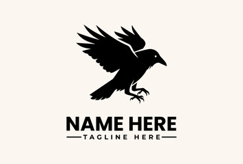 Obraz premium A sleek black bird in flight with outstretched wings and sharp talons on a clean white background with a logo and placeholder text for a company name and tagline in a modern vector