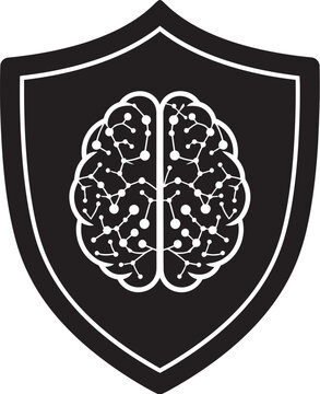 Black shield icon with white brain illustration and neural network connections for security, protection, and intelligence concepts