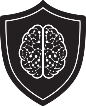 Black shield icon with white brain illustration and neural network connections for security, protection, and intelligence concepts