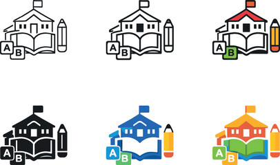 Obraz premium Early childhood education symbol depicting a school building with book, pencil, and playful learning elements like ABC blocks,