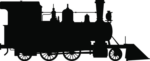 Detailed, black, silhouette, of, a, vintage, steam, locomotive, train, engine, for, historical, transportation, travel, industry, and, retro, design, projects © Jonab