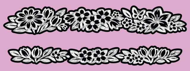Fototapeta premium Elegant Spring Embroidery Floral Border: Hand-Drawn Blossom Patches