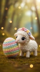 Fototapeta premium Cute knitted lamb with a rainbow yarn egg on mossy ground. Easter decoration for spring holiday greeting card and kid design.