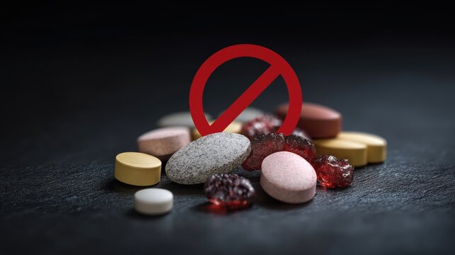 Assorted pills and capsules with red prohibition symbol on dark background, ideal for drug abuse prevention, medication warning, and healthcare awareness concepts.
