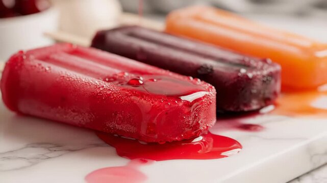 Colorful popsicles on a marble surface with juice dripping on them