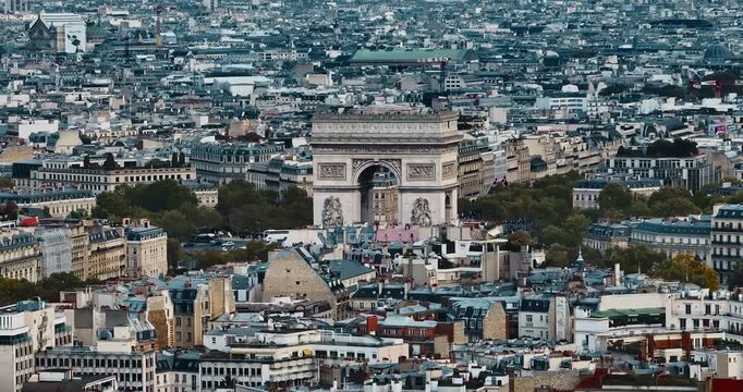 Aerial view of Arc de Triomphe, Paris cityscape, France