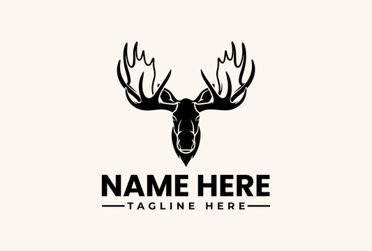 A black vector illustration of a moose head with antlers and a placeholder text for a name and tagline on a beige background, featuring a logo and pictogram design.