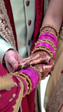 Close up of indian bride and groom holding hands wearing traditional wedding clothes and jewelry showing mehndi henna design and pink bangles during marriage ceremony

